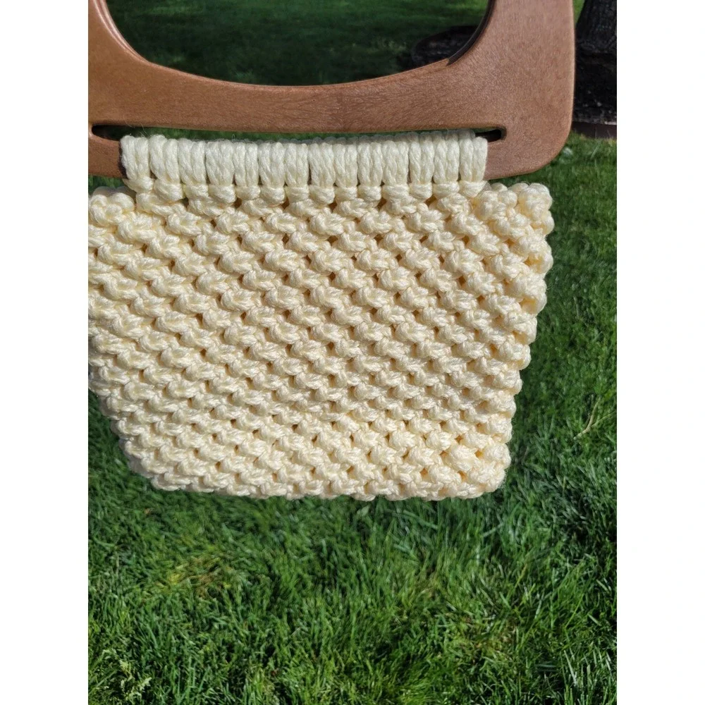 70's Vintage Boho Hippie‎ Festival Macrame Wooden Double Handle Handbag Handmade